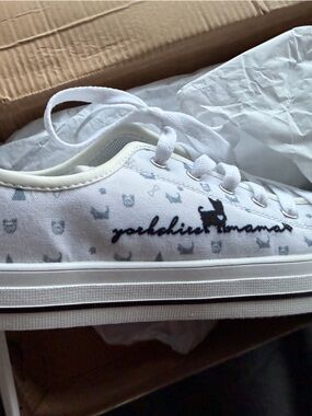 White Canvas Lace-Up Sneakers with Script and Dog Accent